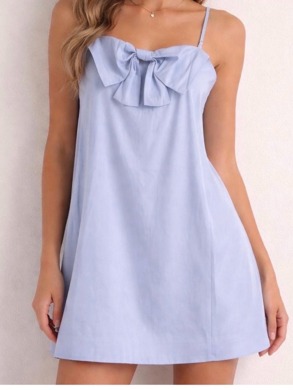 Pastel Blue Bow Front Spaghetti Strap Mini Dress